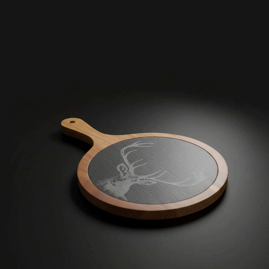 Engraved Deer Charcuterie Board with Slate – Acacia Wood Cheese Board with Knives | Rustic Serving Board (Multiple Styles)
